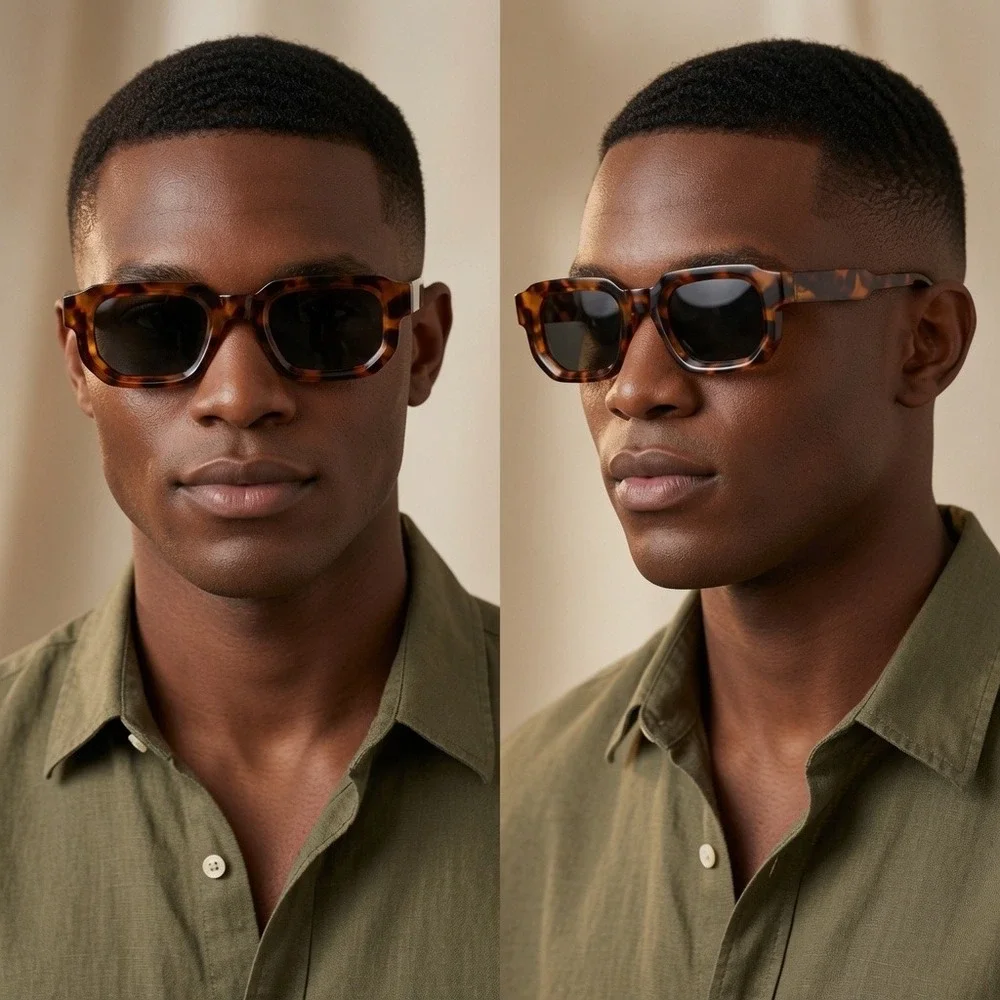 Mens Brown Tortoise Shell Rectangular Sunglasses Retro Thick Frame Elegant Grey